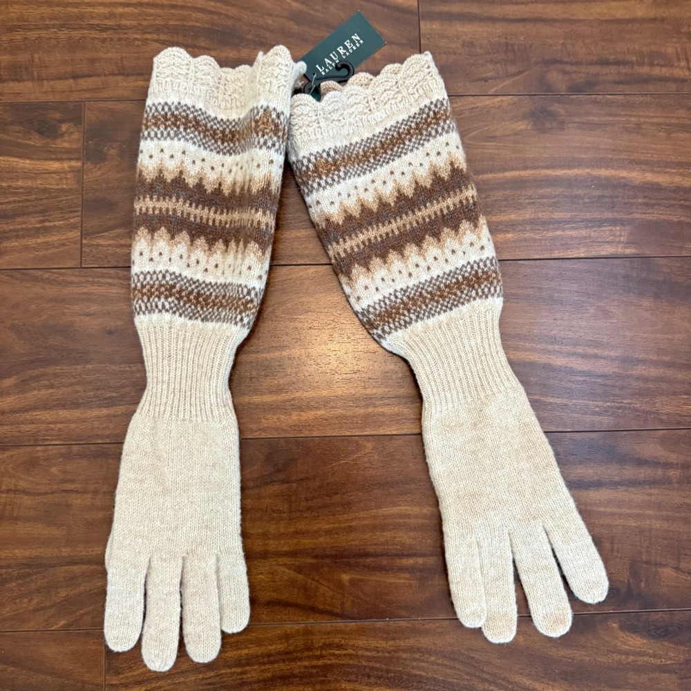 Lauren Ralph Lauren Long Knit Fair Isle Lambswool Gloves Scalloped 469N44 NEW